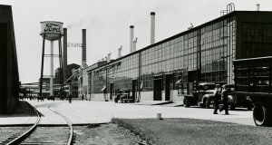 Exterior historical view of a Ford manufacturing facility.