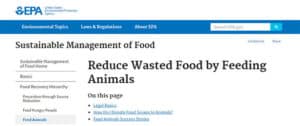 Screen shot of text found on the EPA website's section about sustainable management of food as animal feed.