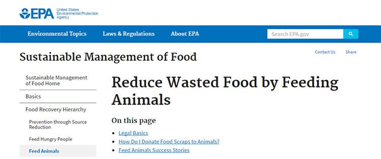 Screen shot of text found on the EPA website's section about sustainable management of food as animal feed.