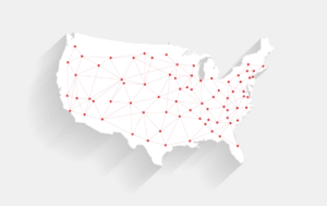 White map of the use with several red dots connected by red lines across the entire country.