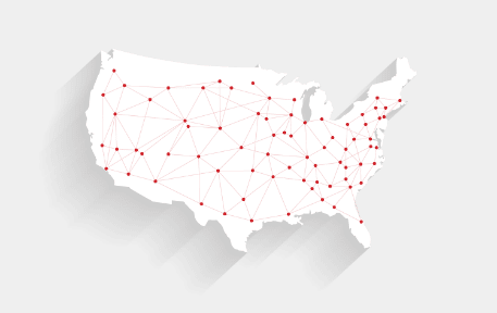 White map of the use with several red dots connected by red lines across the entire country.