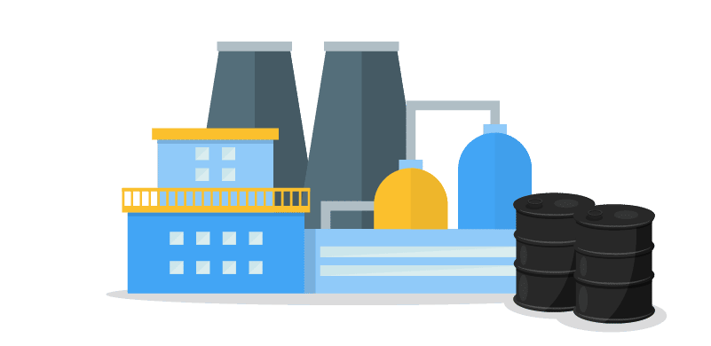 Graphic visualization of a blue and yellow beverage processing plant.