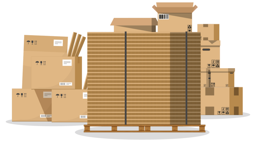 Graphic visualization of large stacks of brown cardboard boxes and scrap material.
