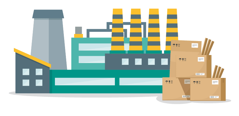 Graphic visualization of large teal and yellow food manufacturing plant and its leftover cardboard material ready for recycling.