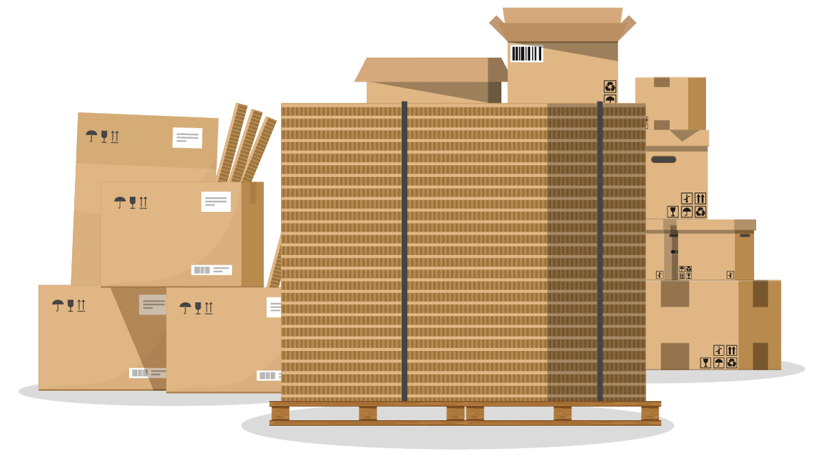 Graphic visualization of large stacks of brown cardboard boxes and scrap material.