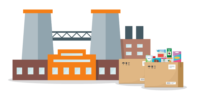 Graphic visualization of a brown and orange box manufacturing plant and its recently produced food product boxes.