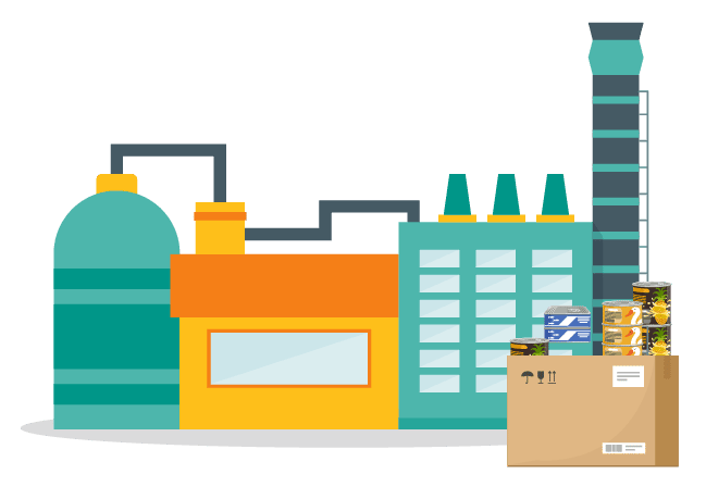 Teal and orange graphic visualization of manufacturing facility producing new goods from recycled metal materials.