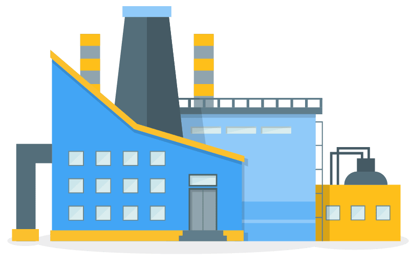 Graphic visualization of a large blue and yellow manufacturing plant.