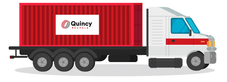 Red and grey truck and trailer with Quincy Recycle logo.