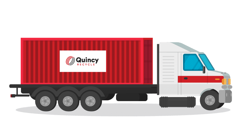 Red and grey truck and trailer with Quincy Recycle logo.