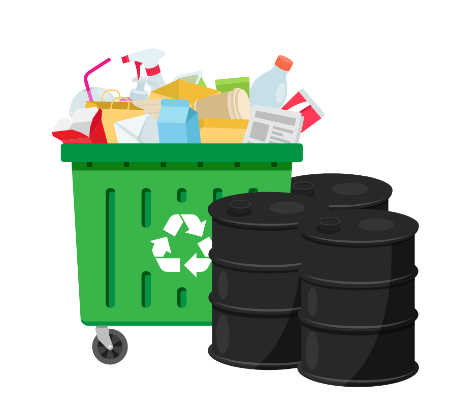 Graphic visualization of a mixed-commodity metal recycling load in a green dumpster and black metal barrels ready for pickup.