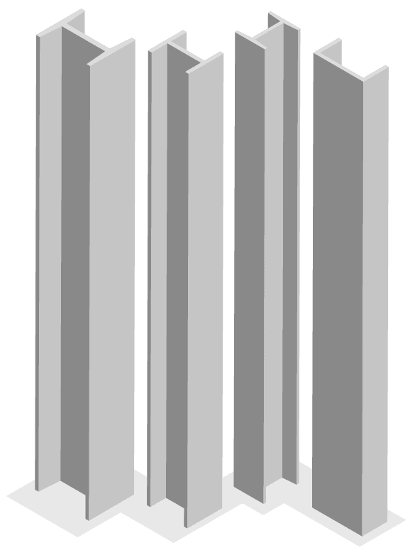 Graphic visualization of four vertical, grey steel beams.