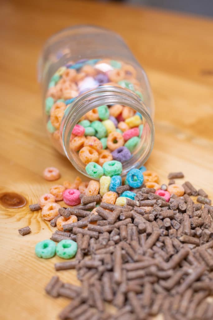 Food Waste Management: image of fruity cereal rings and the animal feed that can be made from the manufacturing by products of that cereal