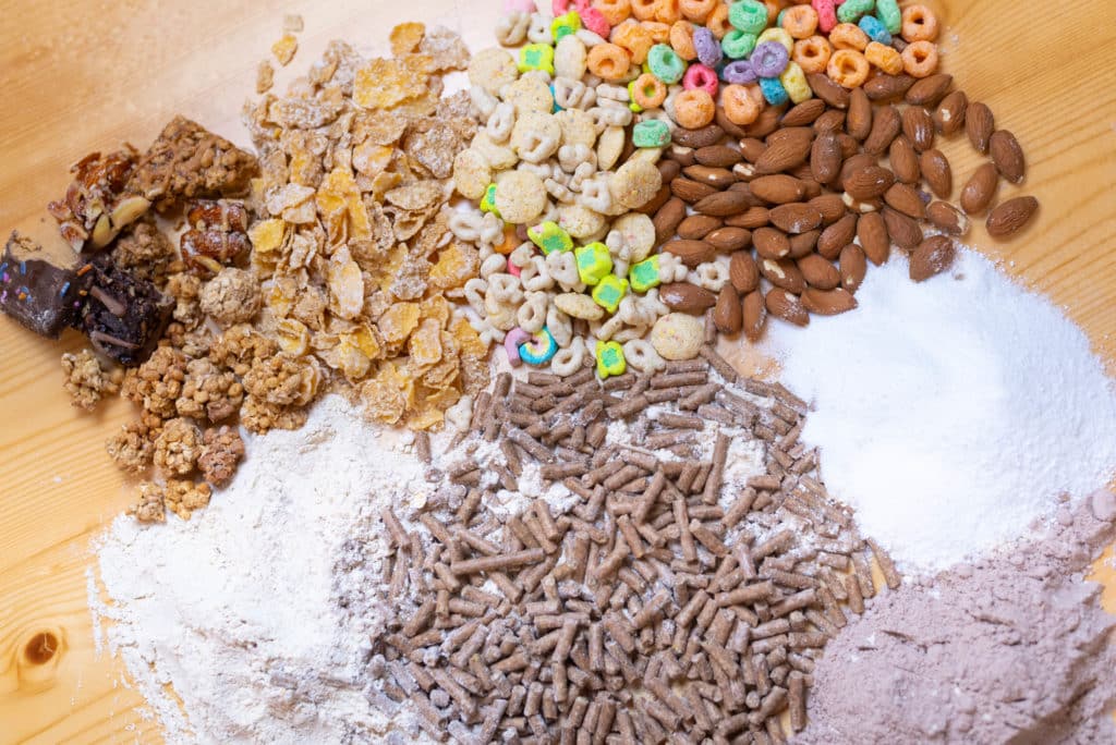 Food Waste Management: images of breakfast cereals and the animal feed that can be made from the by products of the cereal making process
